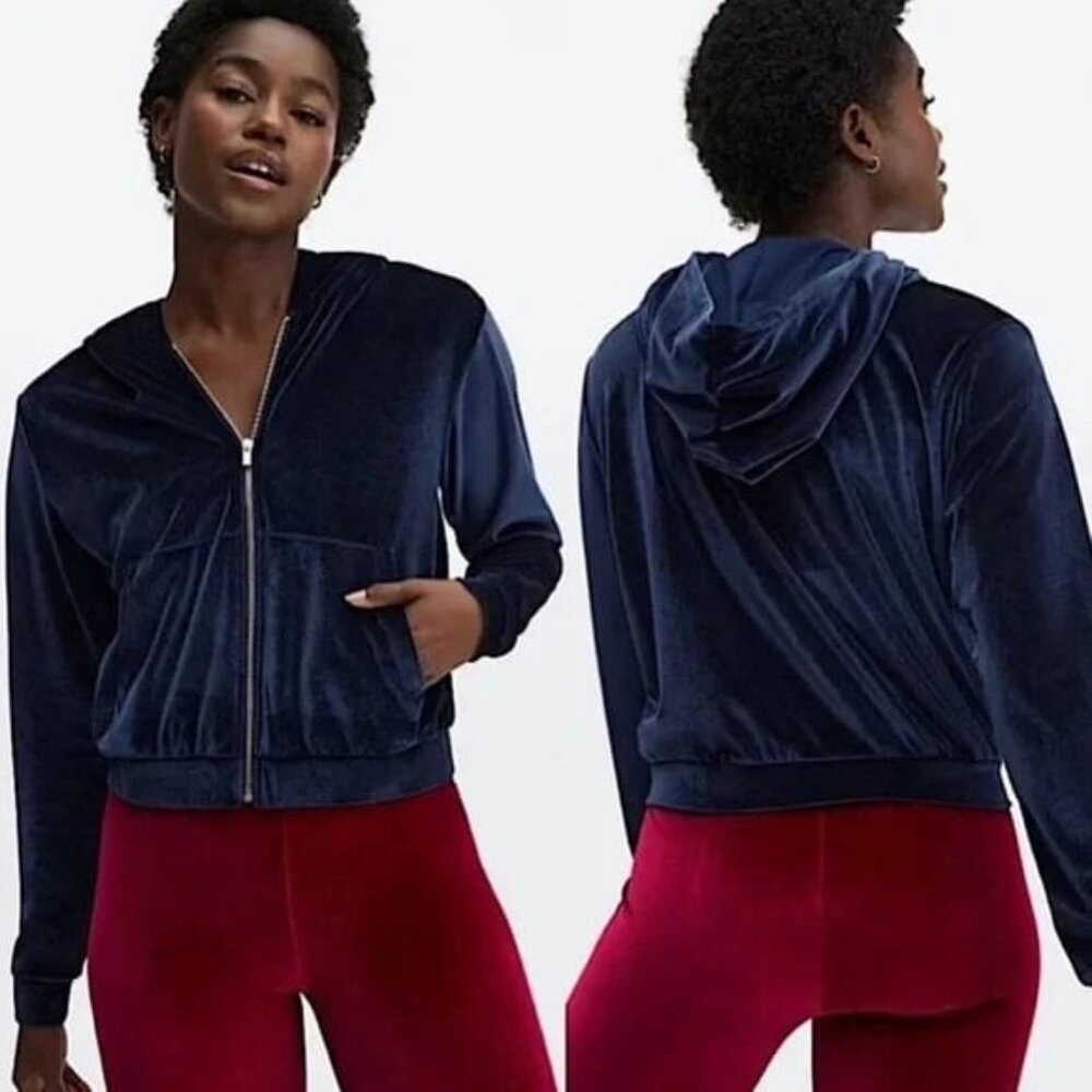 NWT Fabletics Women's Large Midnight Blue Velour Hooded Track Suit Jacket